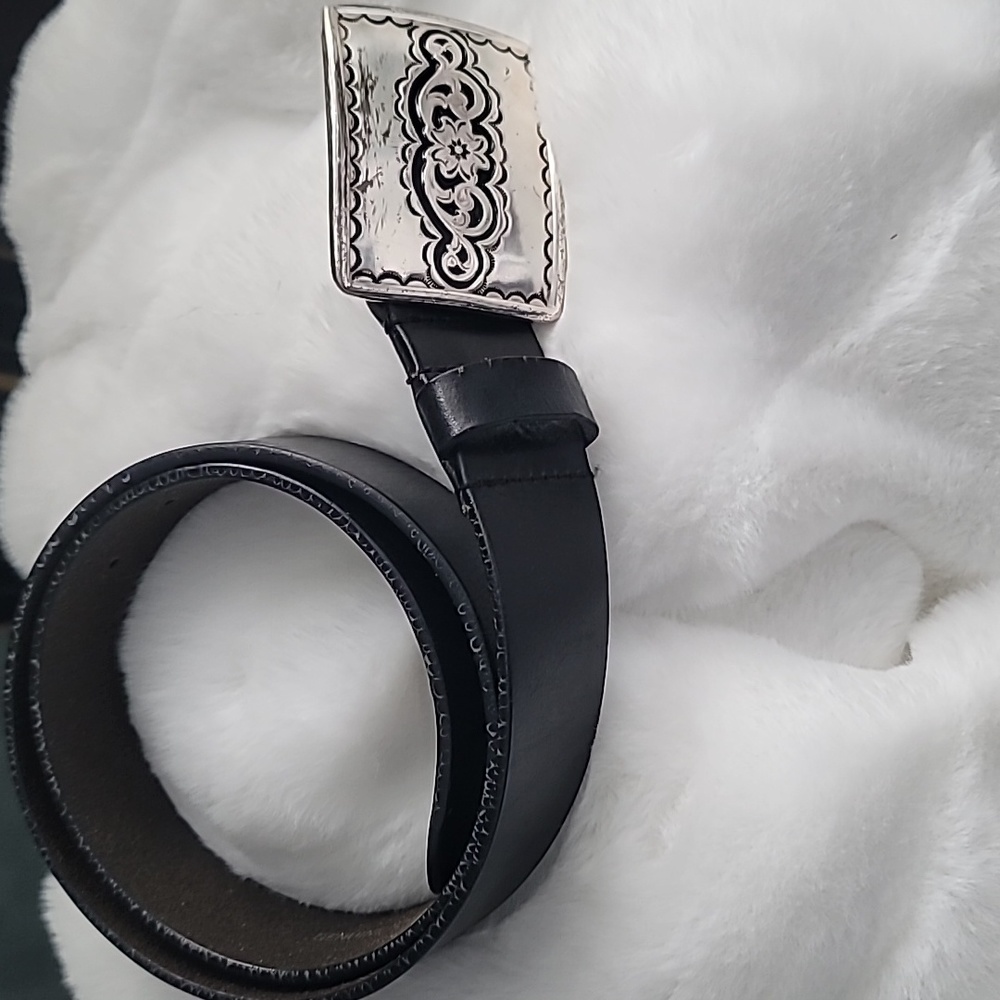 Silpada Black Belt with Ornate Silver Buckle
